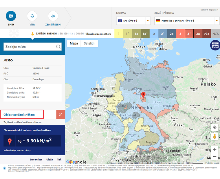 Online služba společnosti Dlubal Software: Zatížení sněhem