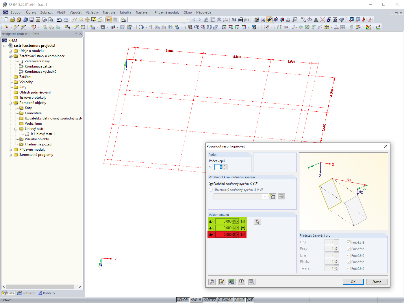 Posun nebo kopírování vodicích linií vytvořených pouze v pracovní rovině XY Možné ve směru X a Y