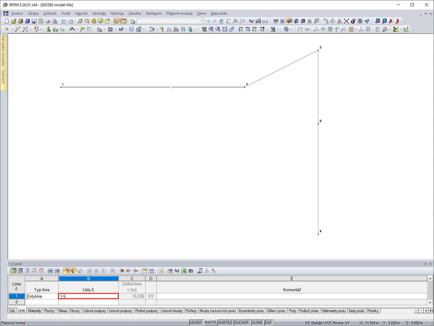 Polylinie v pořadí uzlů 1 → 2 → 3 → 4 → 5