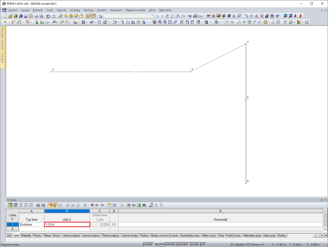 Polylinie v pořadí uzlů 1 → 2 → 3 → 5 → 4