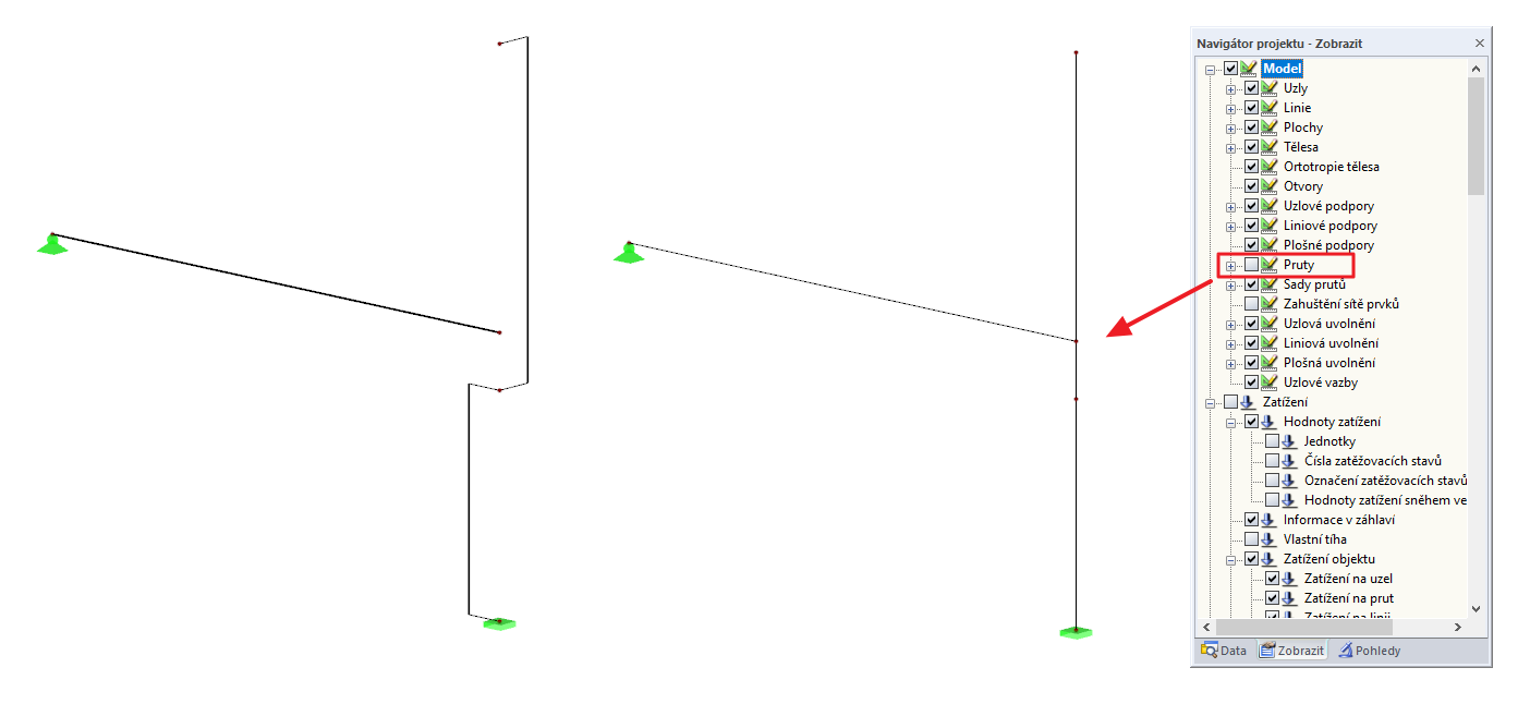 Zobrazení s pruty a bez prutů