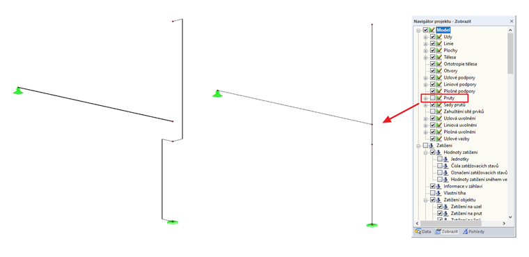 Zobrazení s pruty a bez prutů