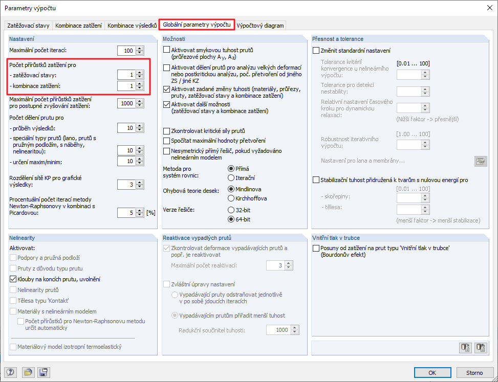 Globální parametry výpočtu s definicí přírůstků zatížení