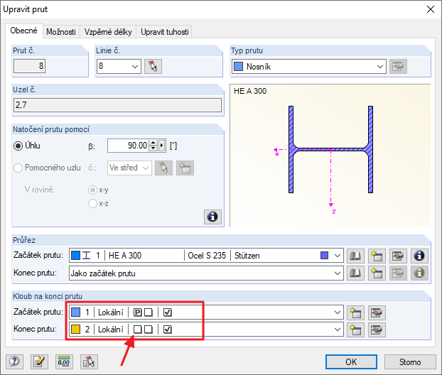 Kloub s prokluzem pouze v kladném a záporném směru na jednom konci prutu