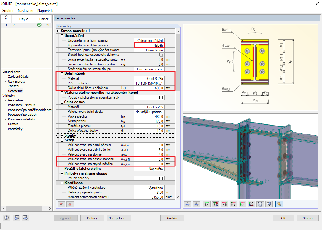 Zadání náběhu v přídavném modulu RF-/JOINTS Steel - Rigid