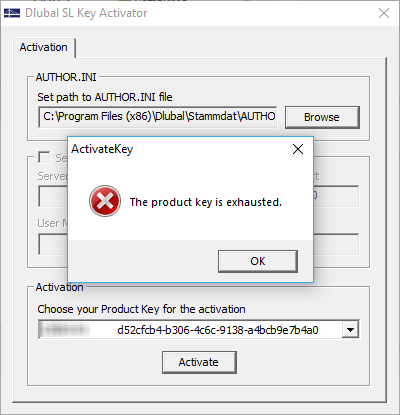 Chybové hlášení při pokusu o opětovnou aktivaci aktivovaného softwarového klíče