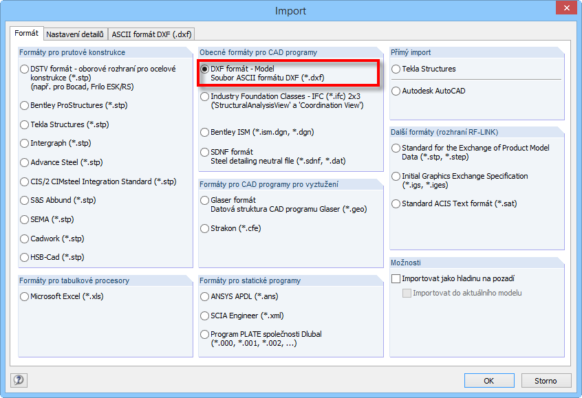 Import ve formátu DXF