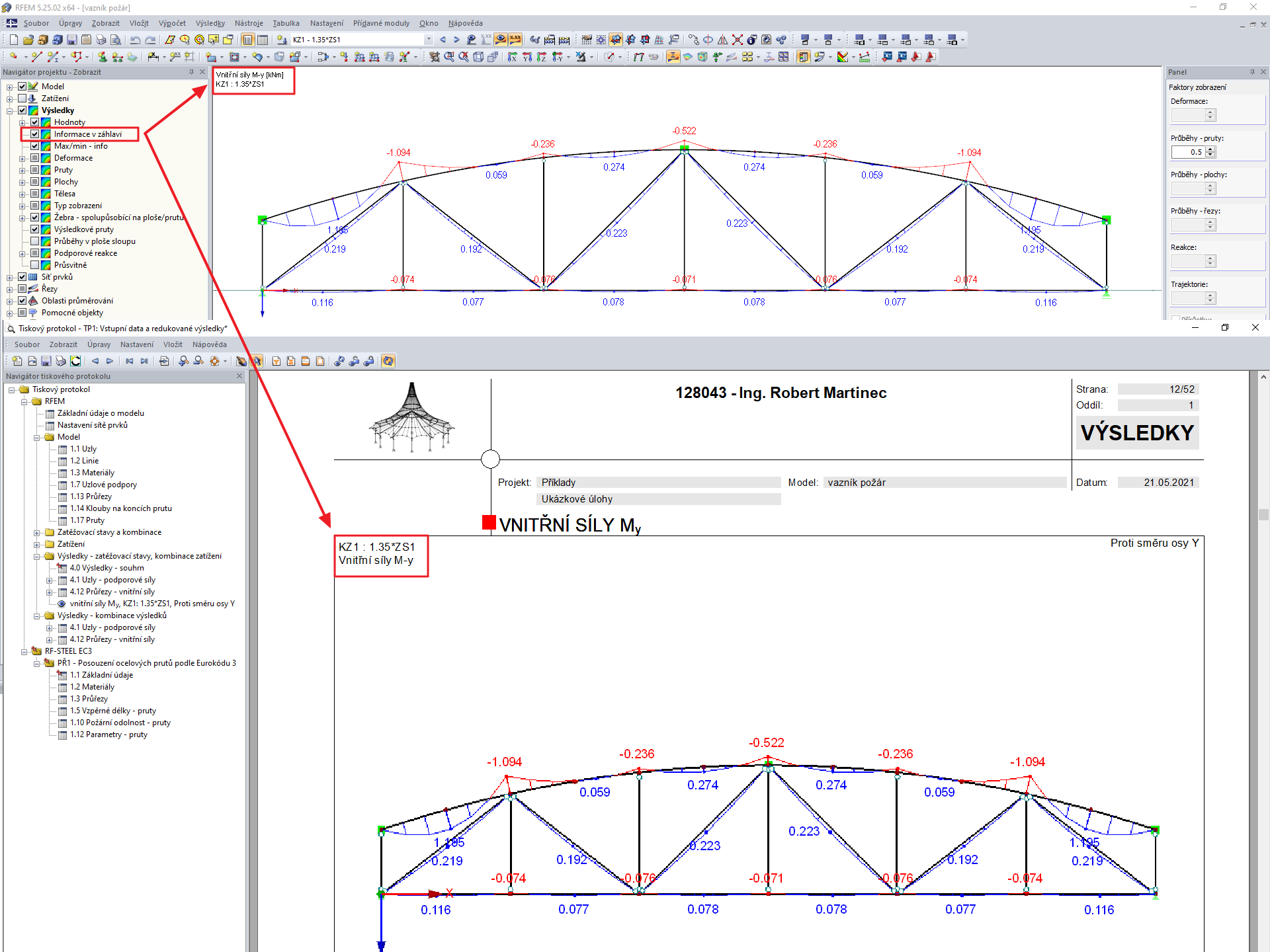 Informace v záhlaví v pracovním okně a v tiskovém protokolu