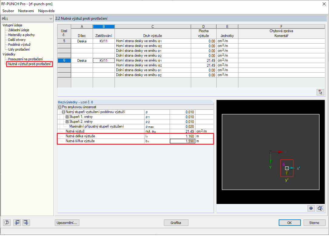 Délka a šířka podélné výztuže