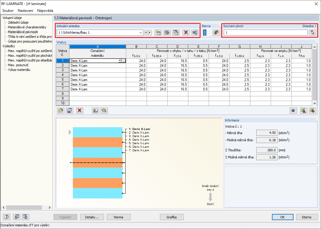 Skladba v přídavném modulu RF-LAMINATE s přiřazením k ploše č. 1