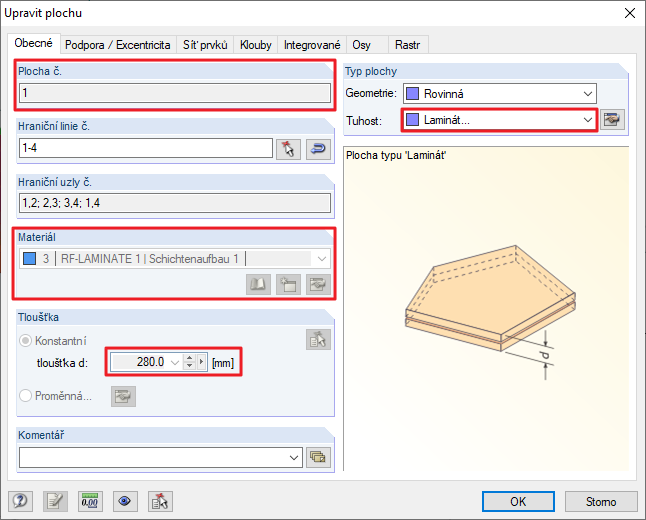 Dialog "Upravit plochu" plochy č. 1 s tuhostí z přídavného modulu RF-LAMINATE [*S14647729*]