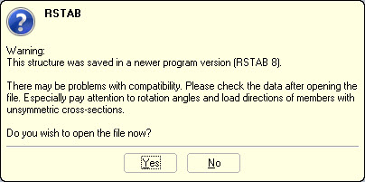 Upozornění při otevírání souboru programu RSTAB 8 v programu RSTAB 7