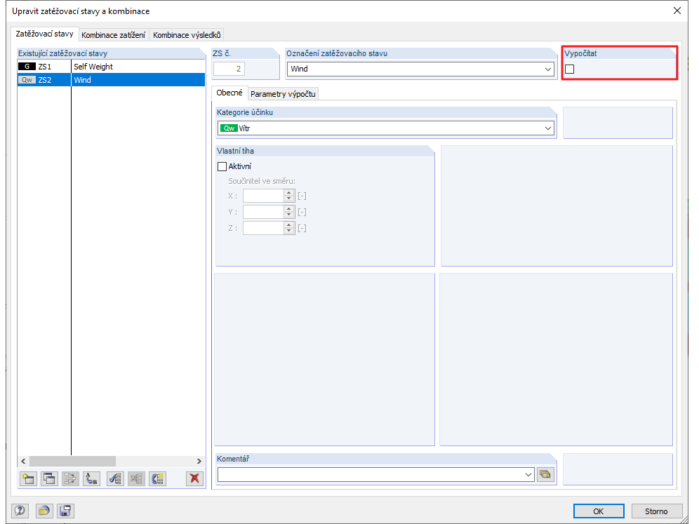 Nastavení zatěžovacích stavů na "Nepočítat"