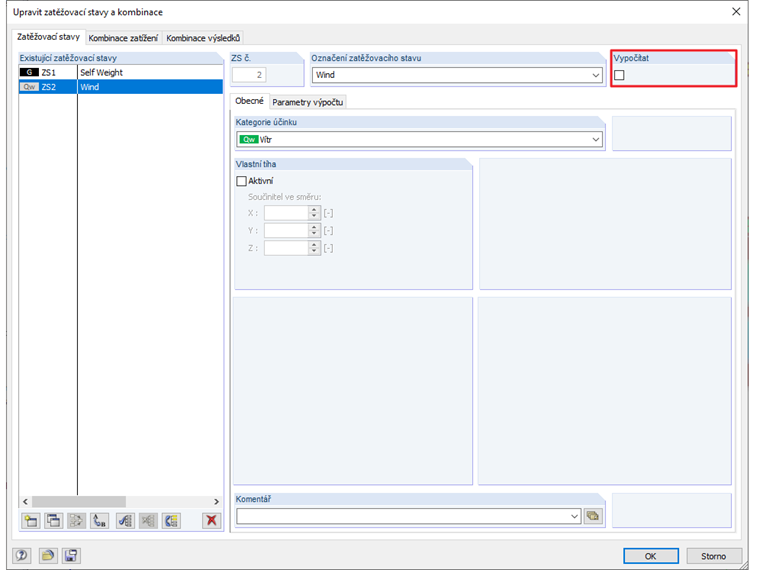 Nastavení zatěžovacích stavů na "Nepočítat"