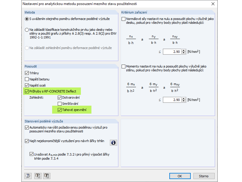 Dialog s nastaveními pro analytický výpočet mezního stavu použitelnosti