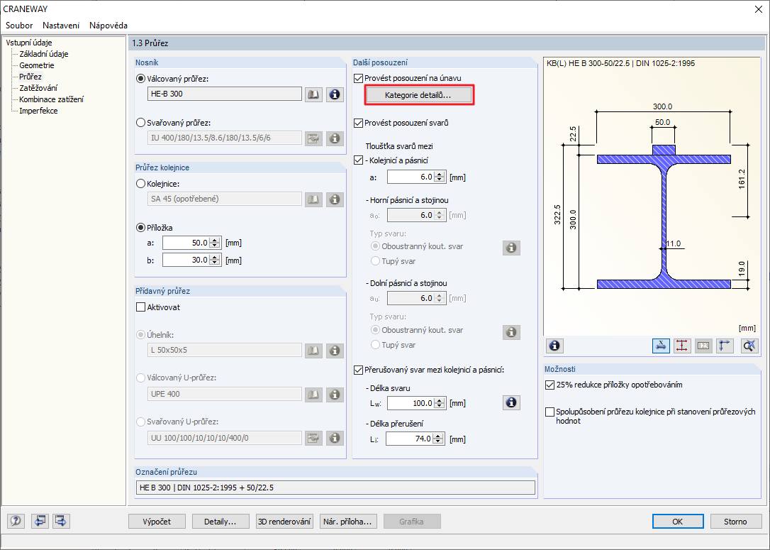 Dialog "1.3 Průřez" v programu CRANEWAY