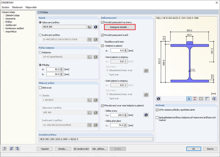 Dialog "1.3 Průřez" v programu CRANEWAY