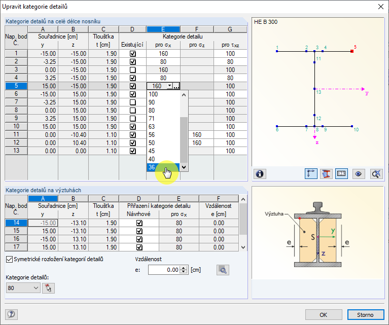Dialog "Upravit kategorie detailů"