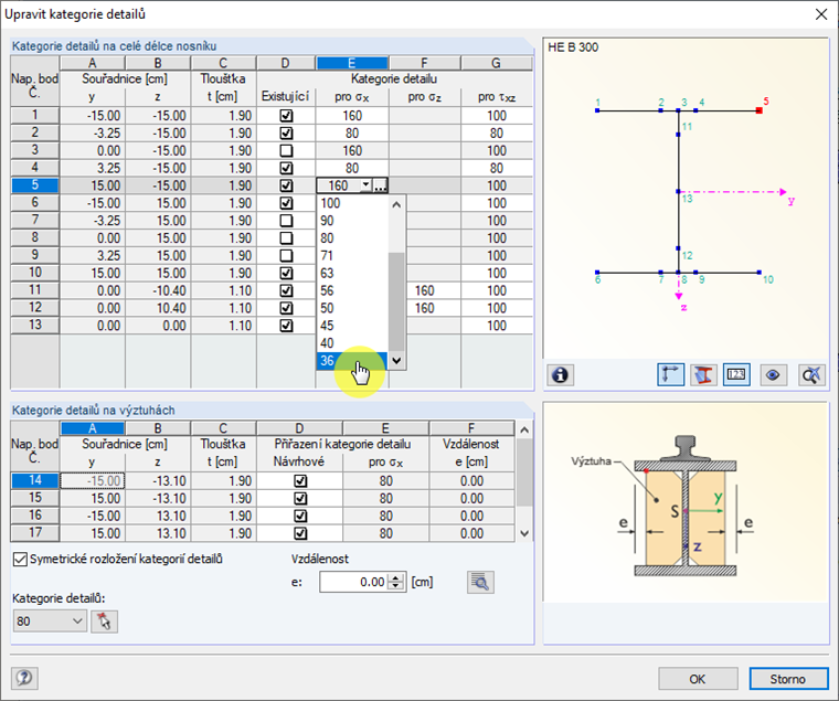 Dialog "Upravit kategorie detailů"