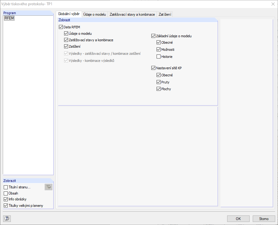 Dialog Výběr tiskového protokolu, záložka Globální výběr