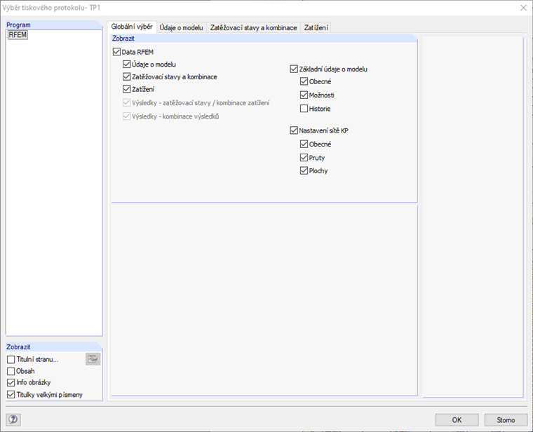 Dialog Výběr tiskového protokolu, záložka Globální výběr