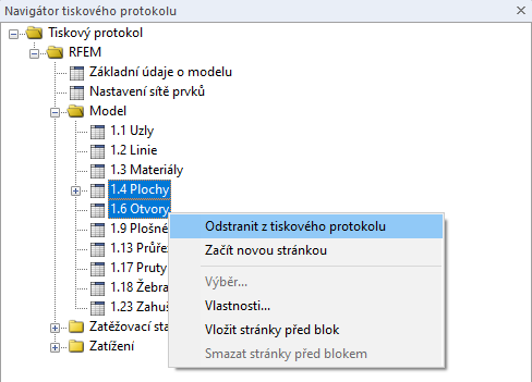 Místní nabídka "Smazat z protokolu" v navigátoru tiskových protokolů