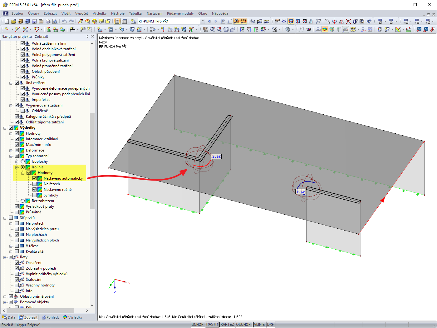 Zobrazení součinitele přírůstku zatížení ß pomocí izolinií