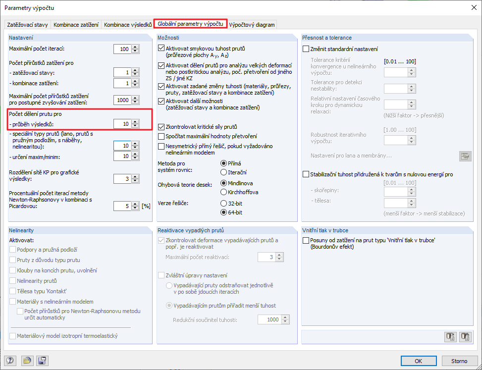 Výchozí nastavení pro počet dělení prutu v globálních parametrech výpočtu