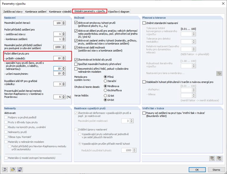 Výchozí nastavení pro počet dělení prutu v globálních parametrech výpočtu