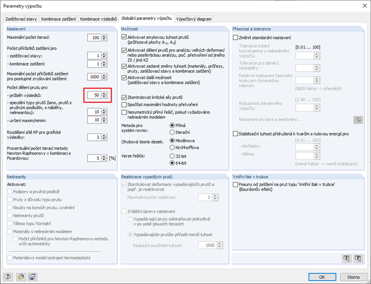 Upravený počet dělení prutu pro průběh výsledků