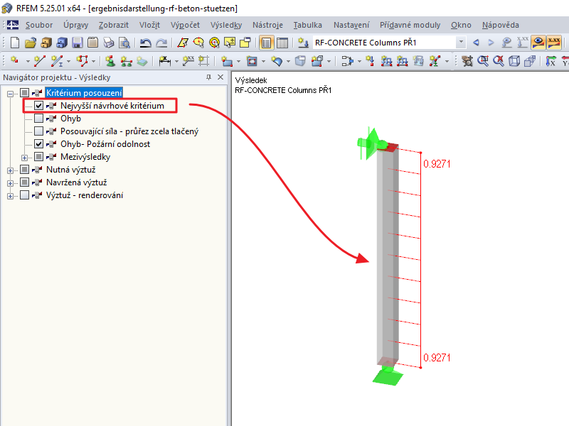 Největší kritérium posouzení ze všech posouzení pro celý konstrukční dílec