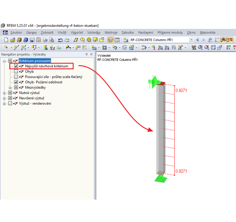 Největší kritérium posouzení ze všech posouzení pro celý konstrukční dílec