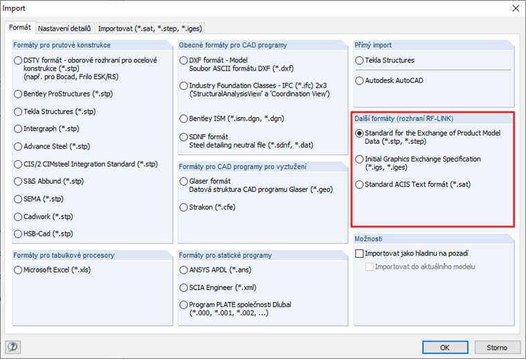 Další možnosti importu pomocí modulu RF-LINK