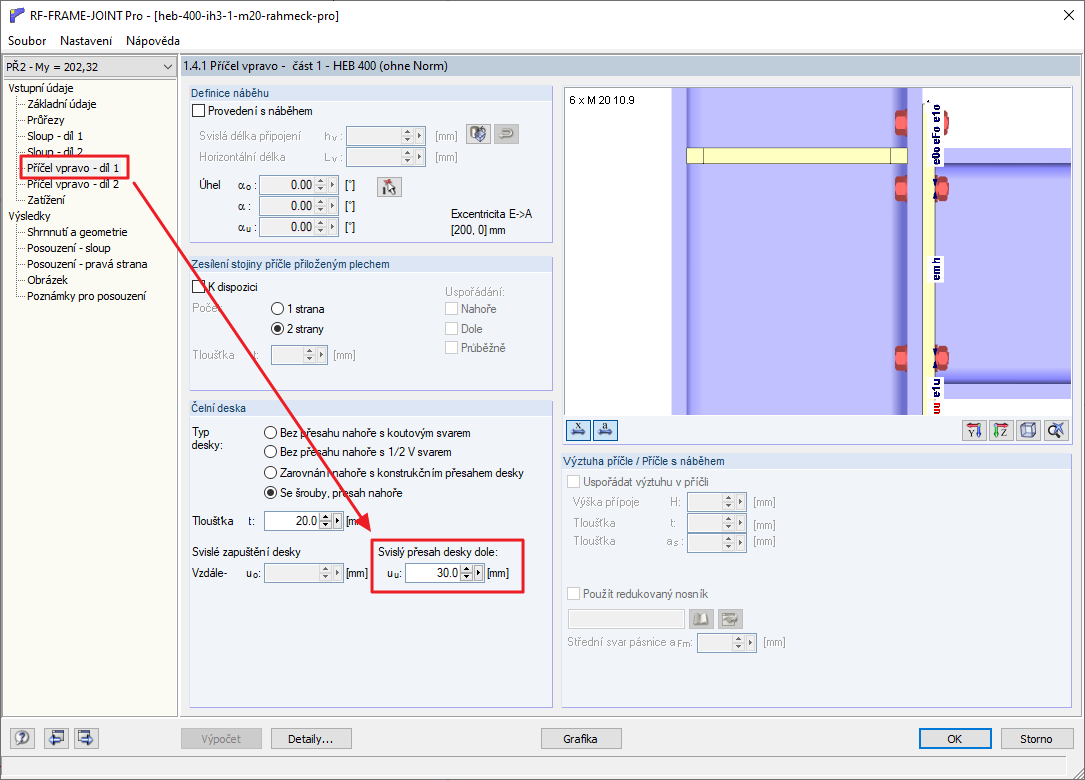 Svislý přesah desky dole