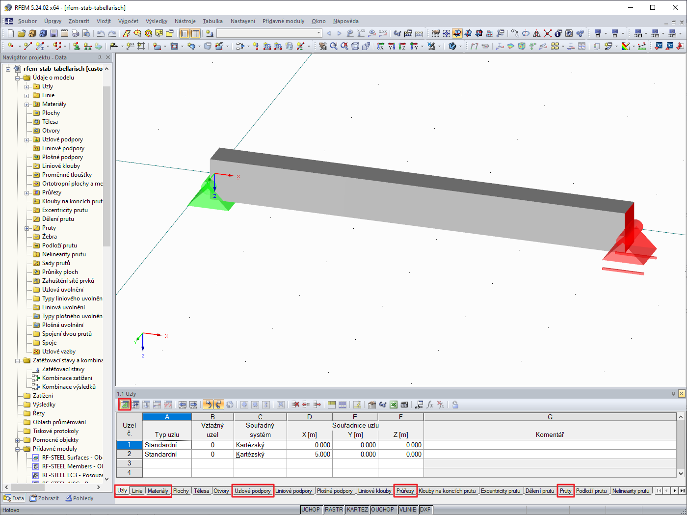 Tabulkové zadání konstrukce