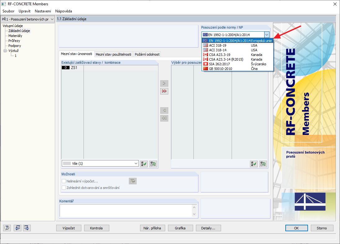 Výběr EC2 v modulu RF-CONCRETE Members