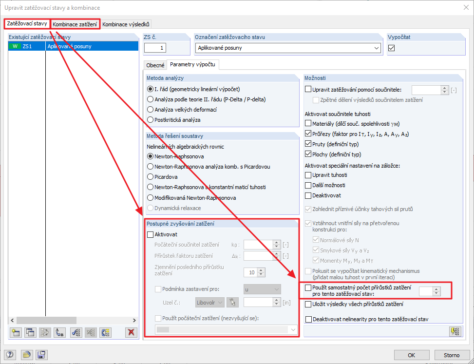 Zatěžovací stavy a kombinace - parametry výpočtu