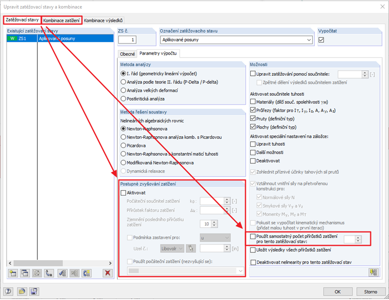 Zatěžovací stavy a kombinace - parametry výpočtu