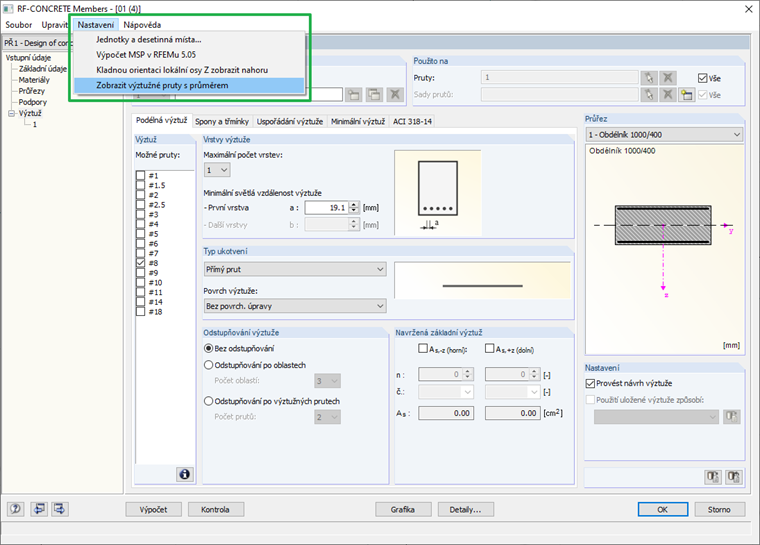 Zobrazit pruty výztuže s průměrem