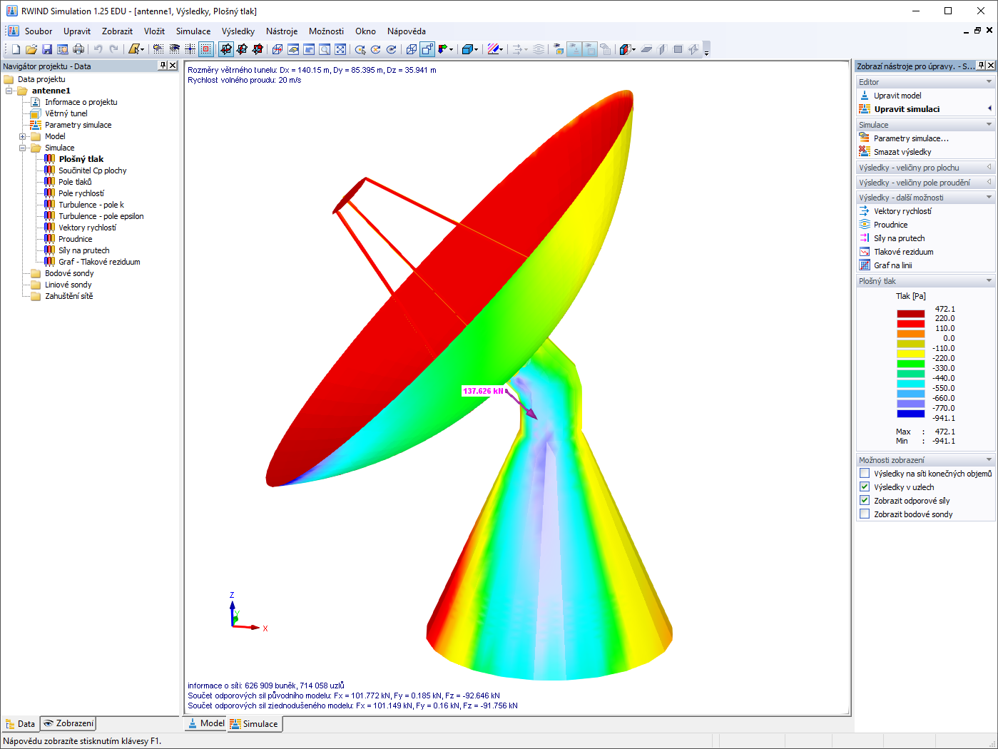Plošné tlaky v důsledku zatížení komplexního anténního systému větrem
