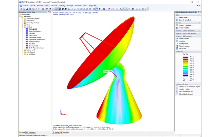 Plošné tlaky v důsledku zatížení komplexního anténního systému větrem