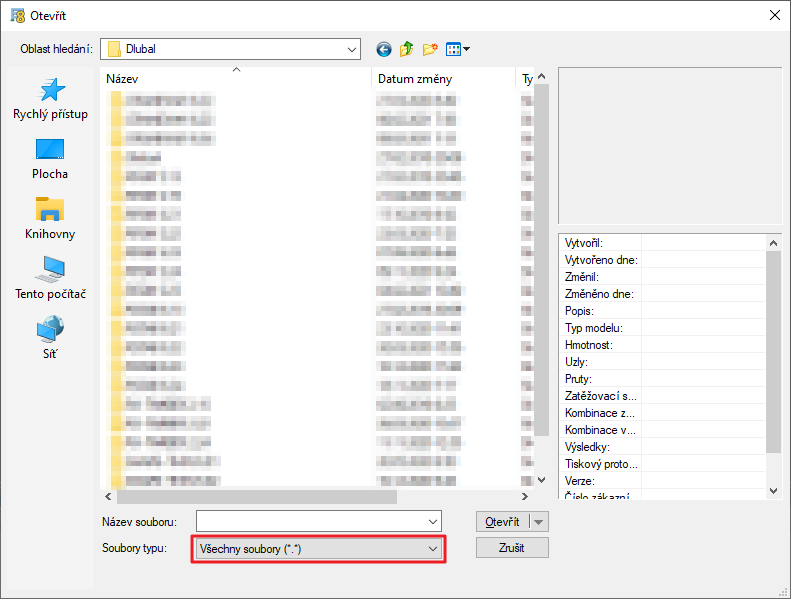 Dialog "Otevřít" programu RSTAB 7 s nastavením typu souboru