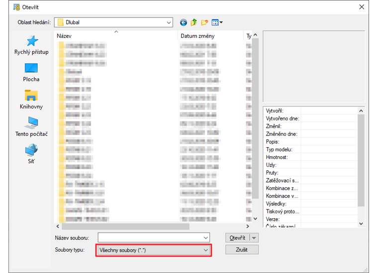 Dialog "Otevřít" programu RSTAB 7 s nastavením typu souboru