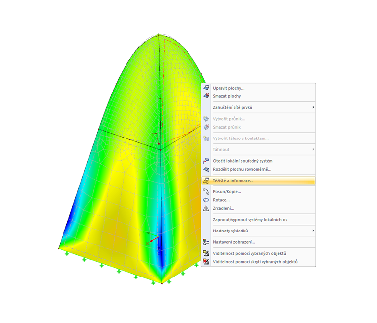 Místní nabídka vybrané plochy s možností "Těžiště a informace"