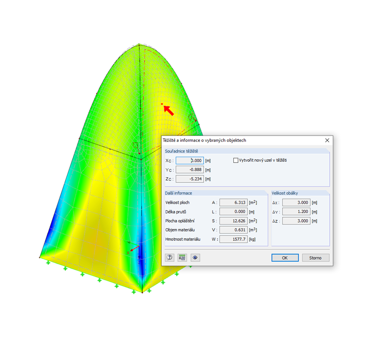 Dialog "Těžiště a informace o vybraných objektech"