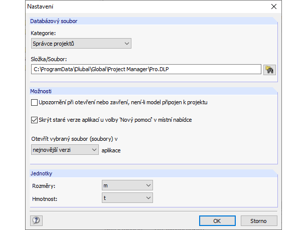 Možnosti programu Správce projektů