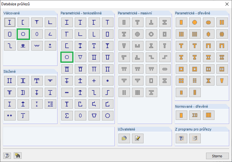 Přípustné průřezy (označené zeleně)