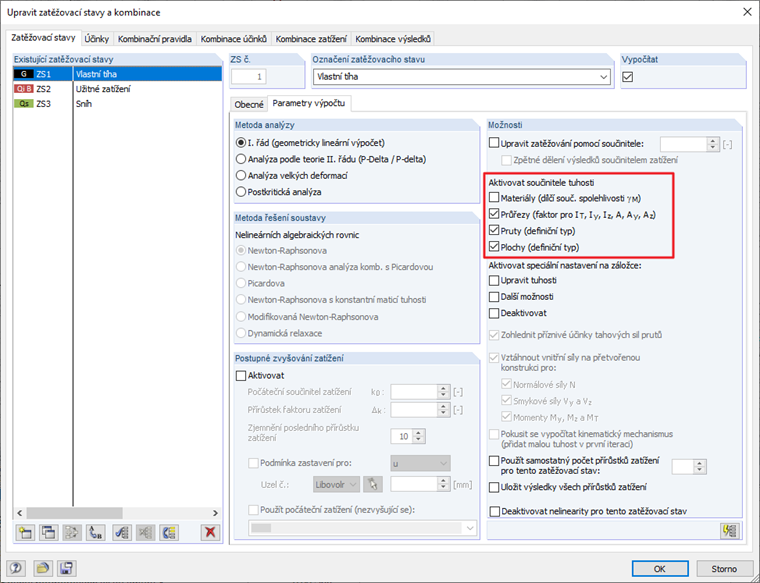 Standardní nastavení pro zatěžovací stavy
