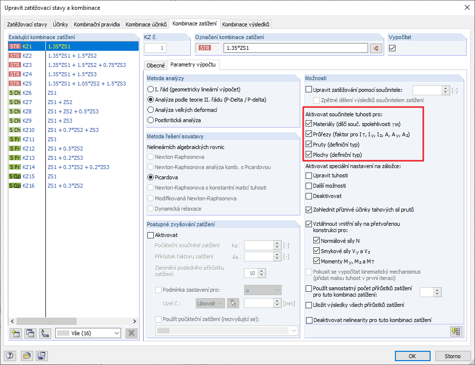 Standardní nastavení pro kombinace zatížení