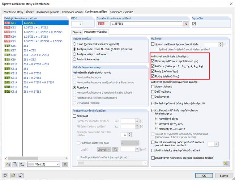 Standardní nastavení pro kombinace zatížení
